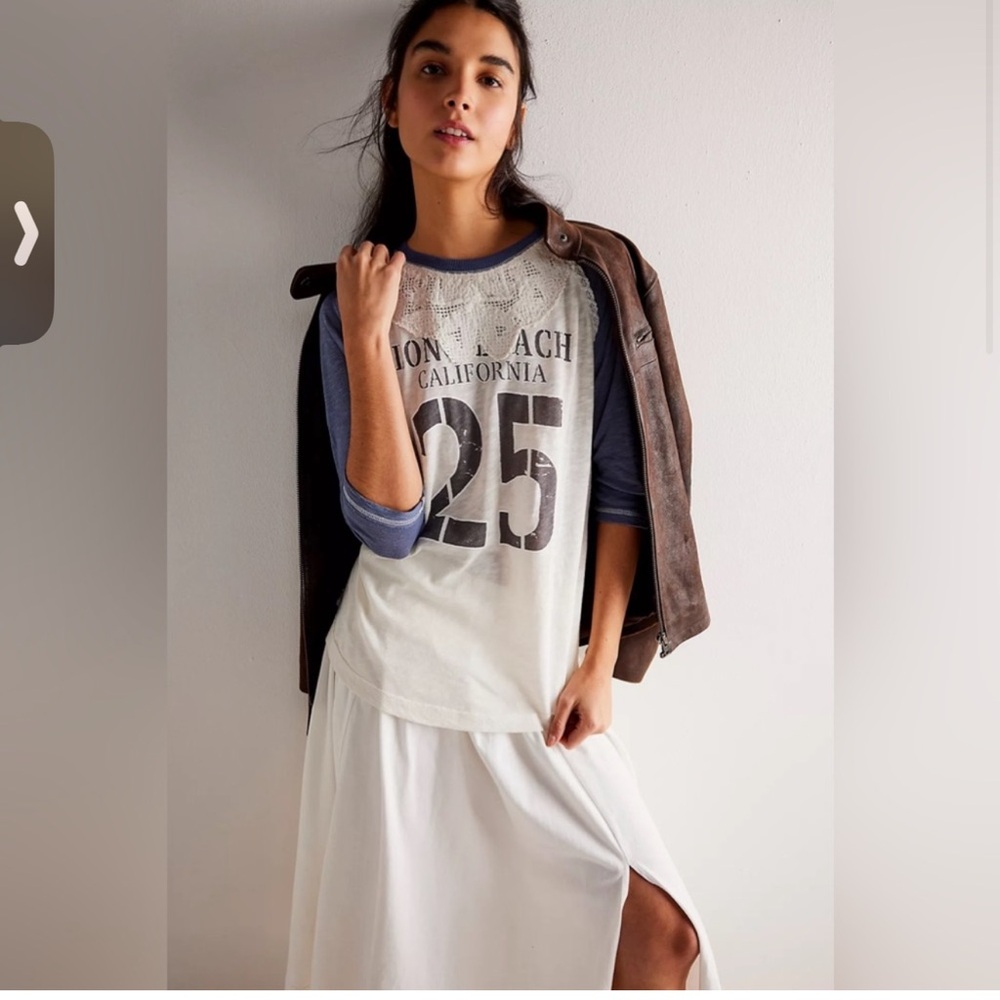 Free People Cream and Navy Graphic Baseball Tee
